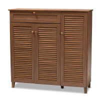 Baxton Studio FP-05LV-Walnut Coolidge Modern and Contemporary Walnut Finished 11-Shelf Wood Shoe Storage Cabinet with Drawer